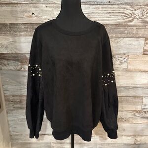 NWT Cato Velvety Black Sweatshirt with Lace Sleeves and Pearl Accents